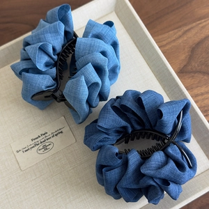 French style denim fabric hair claw clips in light and dark blue ruffled design