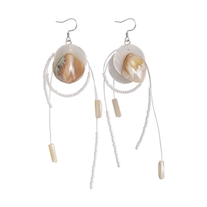 Bohemian long shell tassel earrings with mother of pearl and silver hooks for women