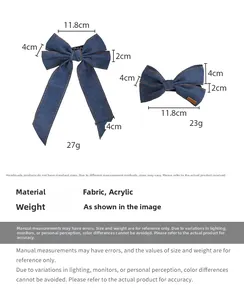 Detailed size chart for denim bow hair clips showing dimensions in centimeters