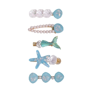 Lot de 5 pinces à cheveux sirène avec coquillages étoiles de mer et perles bleues