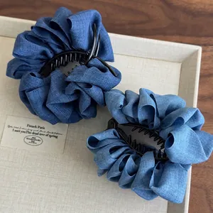French Vintage Denim Fabric Pleated Hair Claw Large Ruffled Puff Hair Clip Elegant Bun Maker Styling Headwear For Women