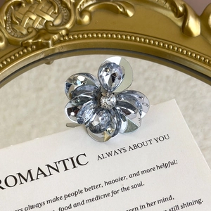 Macro detail of silver flower shoe charm with sparkling crystal rhinestones on a mirror