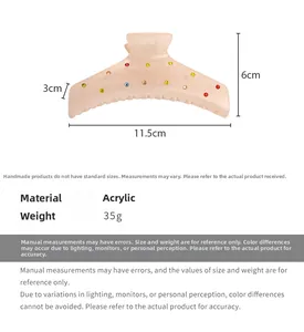 Tabla detallada de tallas para pinza de pelo de acrílico con pedrería de 11,5 cm largo