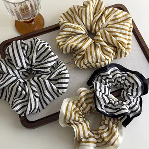 Korean Minimalist Striped Fabric Scrunchies Oversized Ruffle Hair Ties For Women Casual Academy Style Headwear