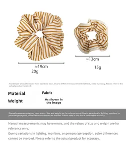 Size specification chart for striped fabric scrunchies in large and small dimensions