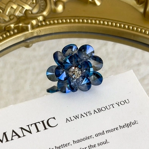 Detailed macro shot of dark blue crystal flower shoe charms with central rhinestone