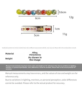 Detailed view of colorful beaded and rhinestone hair clips with dimensions and weight info