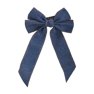 Blue denim bow hair clip with orange stitching and long ribbons for women