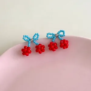 Sweet Handmade Resin Beaded Cherry Stud Earrings Light Blue Bow Red Fruit Drop Earrings For Women Girls Korean Style Jewelry