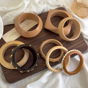 Vintage Natural Wood Bracelet For Women Bohemian Ethnic Style Bangle With Metal Rivet Star Geometric Wooden Hand Jewelry