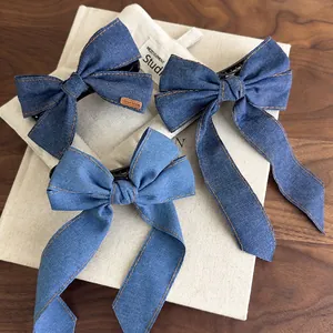 Vintage Denim Fabric Bow Hair Clip With Long Streamers Contrast Stitching Sweet Handmade Hairpin For Women Girls Hair Accessories