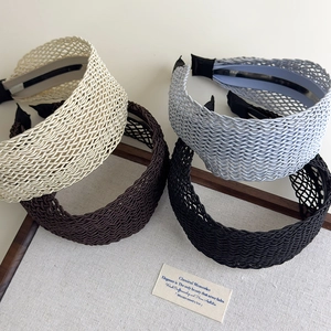 Bohemian style woven wide headband in cream, coffee, blue-grey and black colors