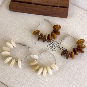 French vintage brown and cream marble resin bead silver hoop earrings for women