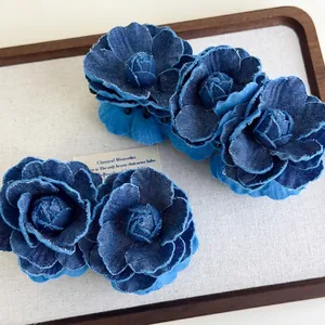Vintage Denim Fabric Camellia Flower Hair Clip Handmade Rose Design Banana Clip Large Hair Claw For Women Daily Accessories
