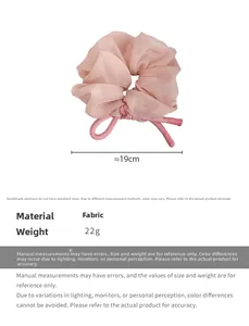 Pink chiffon hair scrunchie with bow detail showing 19cm dimensions and 22g weight