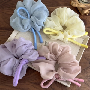 Oversized Chiffon Organza Scrunchies For Women Sweet Pleated Hair Ties With Ribbon Bow Fluffy Hair Accessories For Girls