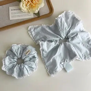 Women Sweet Light Blue Lace Trim Hair Scrunchie Ribbon Bow Hand Made Cotton Fabric Elastic Hair Tie For Girls Daily Accessory