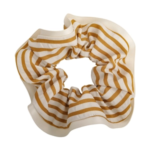 Minimalist striped fabric scrunchie with ginger and beige ruffles for elegant hairstyles