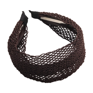 Bohemian style brown woven hollow headband featuring a retro wide-brim design for women