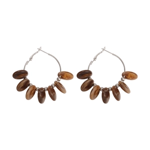 French vintage brown marble acrylic beads hoop earrings with silver accents for women