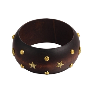 Vintage wide dark wood bangle with golden star and round metal stud embellishments