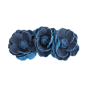 Three deep blue denim camellia flowers on a vertical hair clip with retro style