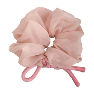 Elegant light pink chiffon scrunchie with sweet bow tie design for women ponytail