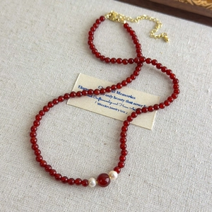 Vintage red agate beaded necklace with white pearls and gold adjustable chain