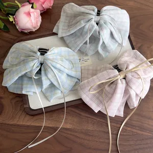 Sweet Plaid Bow Hair Claw Clip With Long Ribbon Fabric Checkered Large Hairpin Hair Accessories For Women Daily Party Style
