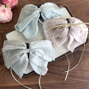 Three-piece set of plaid bow hair claws with long ribbons in blue, pink, and mint green