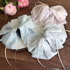 Three colors of sweet plaid bow hair claw clips for women with ribbon details