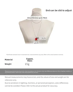 Detail view of red heart pendant with adjustable silver bead chain and dimensions