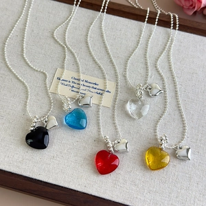 Colorful heart pendant necklace set with silver bead chains in five vibrant summer colors
