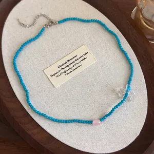 Collana Blu a Perline Dopamina Estiva per Donna Con Ciondolo a Fiore Farfalla Trasparente Dolce Gioielli Stile Coreano Regalo