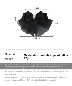 Detailed view of black satin organza bow hair clip with pearl embellishment and dimensions