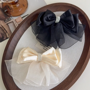 Elegant Satin Organza Bow Hair Clip With Faux Artificial Pearl Vintage French Style Spring Clip Hairpin Women Hair Accessories