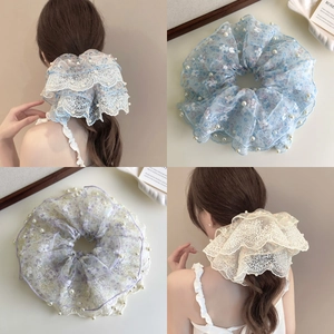 Franse Bloemrijke Kant Kunstparel Scrunchie Elegante Organza Haarelastiek Grote Ruche Paardenstaarthouder Vrouwen Dagelijks Haarsieraden