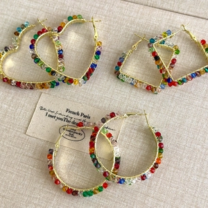 Boucles d'Oreilles Créoles en Cuivre Doré Bohème Avec Strass Colorés Cœur Carré Rond Géométrique Pendantes Pour Femmes Bijoux