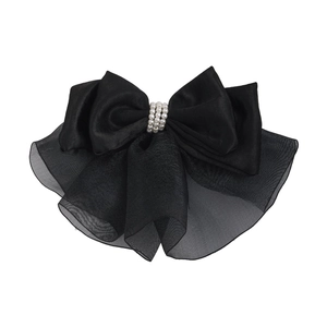 Elegant black satin and organza bow hair clip with layered white pearls for women