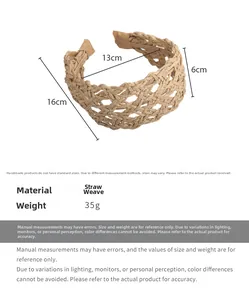 Dettagli dimensionali del cerchietto in paglia intrecciata largo 6cm con motivo a rete