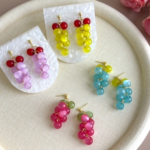 Artistic grape-shaped beaded earrings with cat-eye stones in four colorful styles