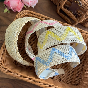 Bohemian handwoven wide headbands with embroidery on natural raffia straw