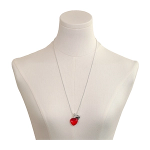 Minimalist double heart pendant necklace with red resin stone and silver beaded chain
