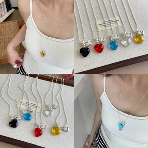 Korean Style Copper Heart Pendant Necklace For Women Adjustable Glass Colorful Heart Long Bead Chain Clavicle Jewelry