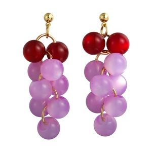 Grape-shaped cat eye beaded earrings with purple and red resin dangles on gold studs