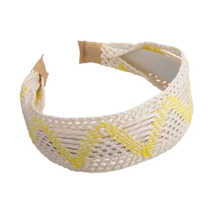 Bohemian hand-woven beige and yellow wide headband with summer geometric pattern