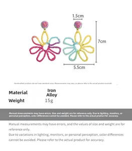Detail showing oversized woven raffia flower earrings with dimensions 7x5.5cm and 15g weight