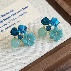 French Vintage Alloy Crystal Flower Stud Earrings Blue Resin Rose Geometric Glass Cluster Earrings For Women Vacation Jewelry
