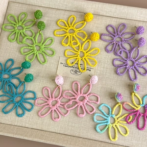 Bohemian large straw woven flower earrings in vibrant colors for summer beach vacations