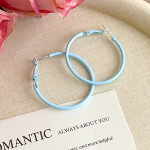 Detailed view of light blue matte hoop earrings set against romantic floral background